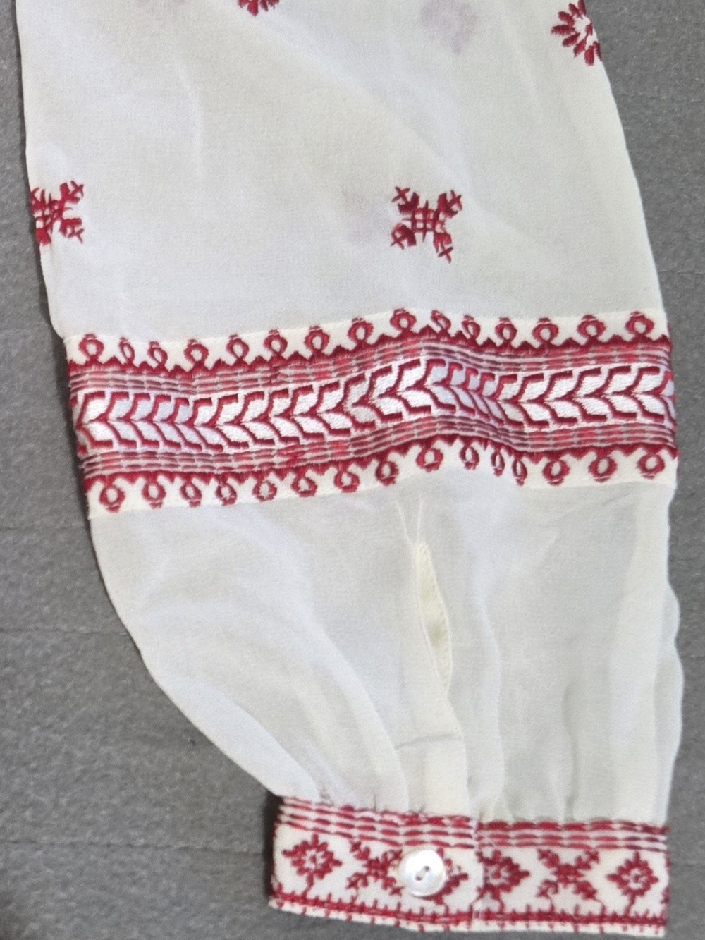 Topshop Embroidered Boho Peasant Blouse Red White Tie Front US 6 - Picture 7 of 7